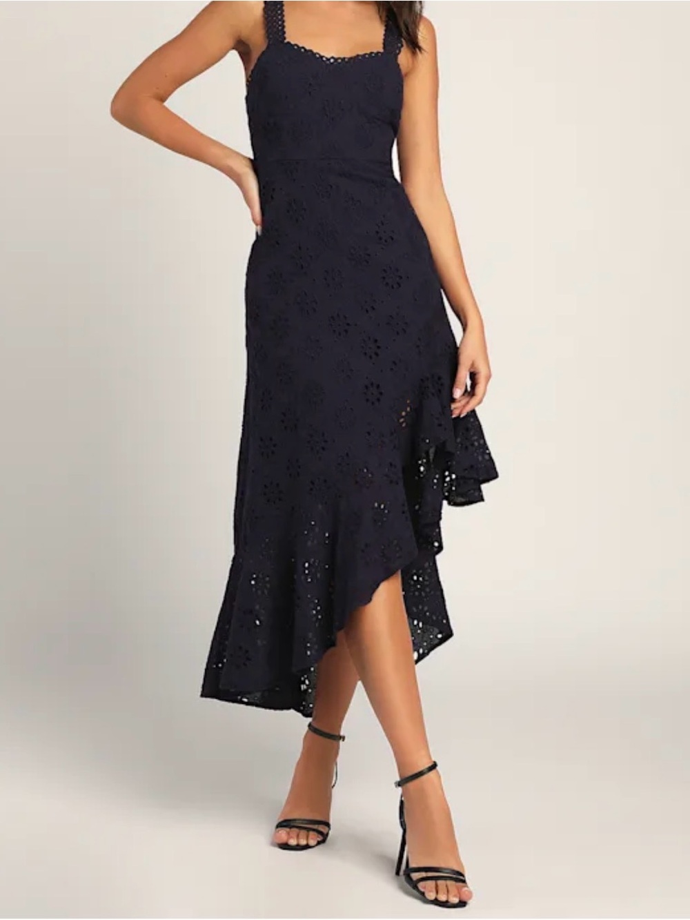 Lulu's Dark Navy Eyelet High-Low Midi Dress